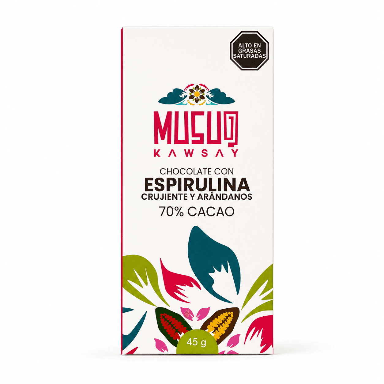 Chocolate 45g con espirulina crujiente y arandanos